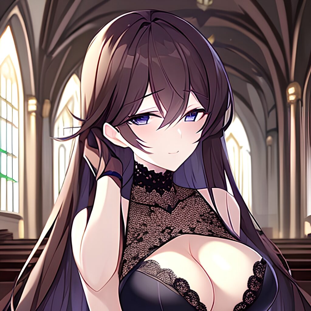 messy hair long hair fishnet brunette church woman 