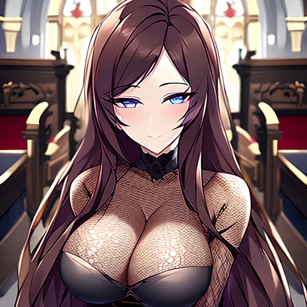 messy hair long hair fishnet brunette church woman