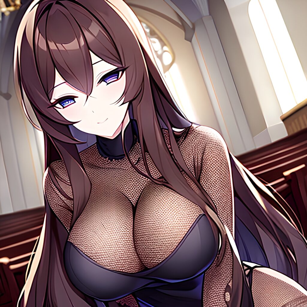 messy hair long hair fishnet church brunette woman