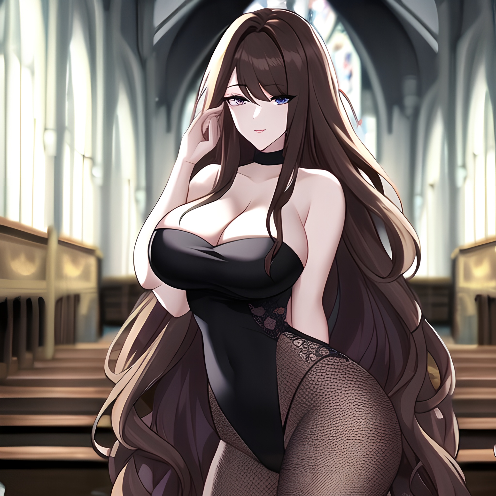messy hair long hair fishnet church woman brunette 