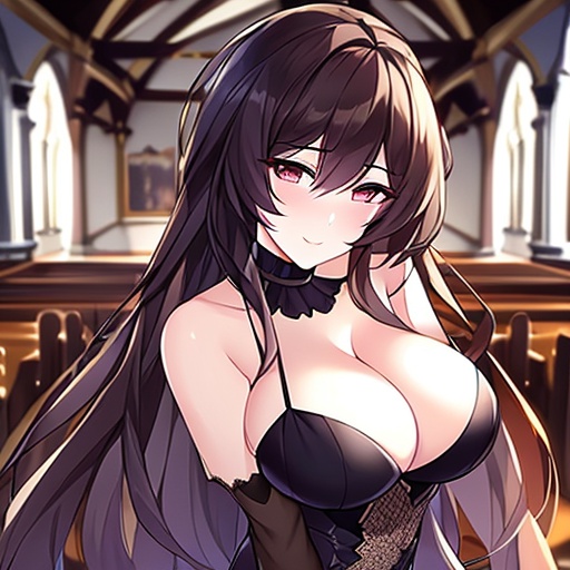 messy hair long hair fishnet woman church brunette