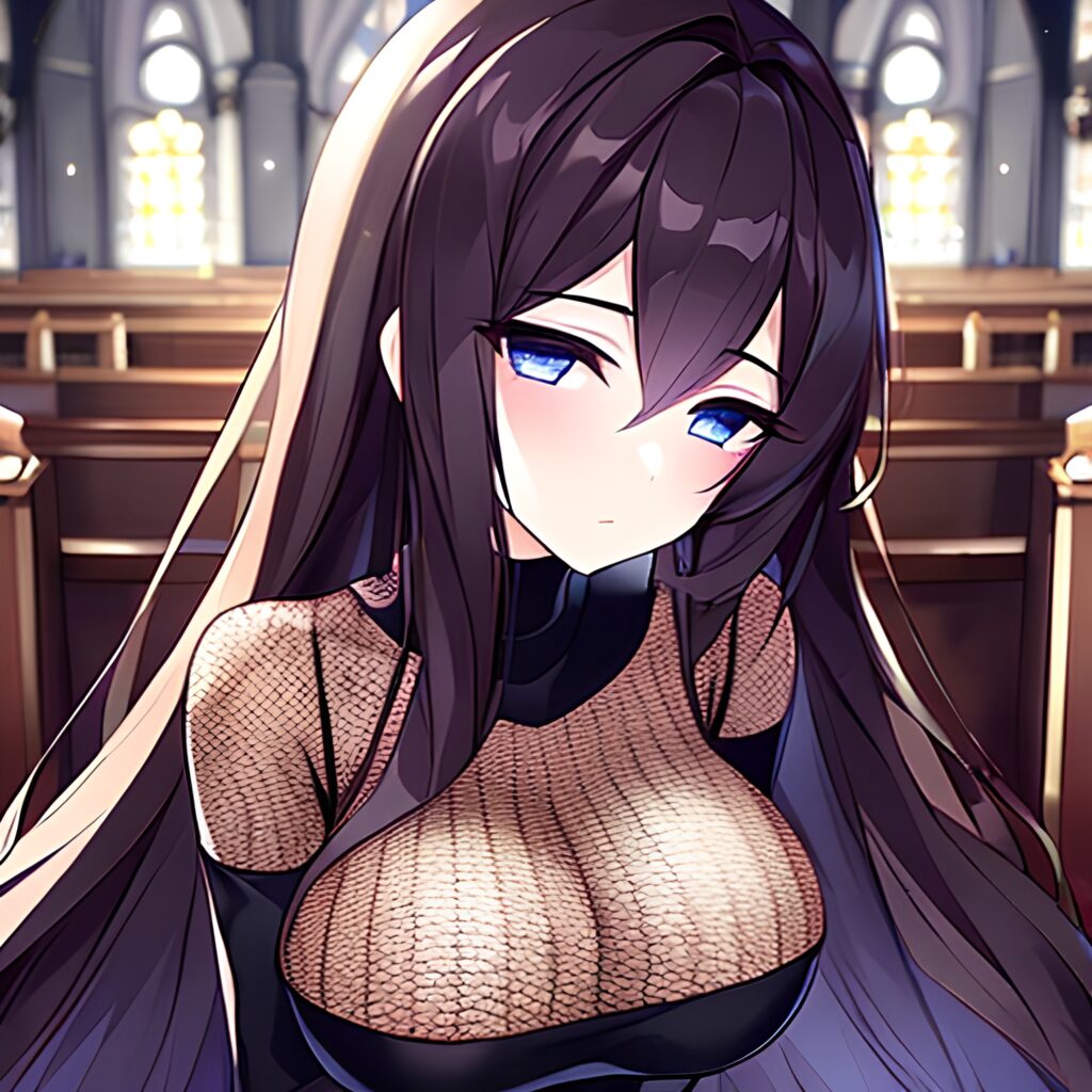 messy hair long hair woman brunette church fishnet