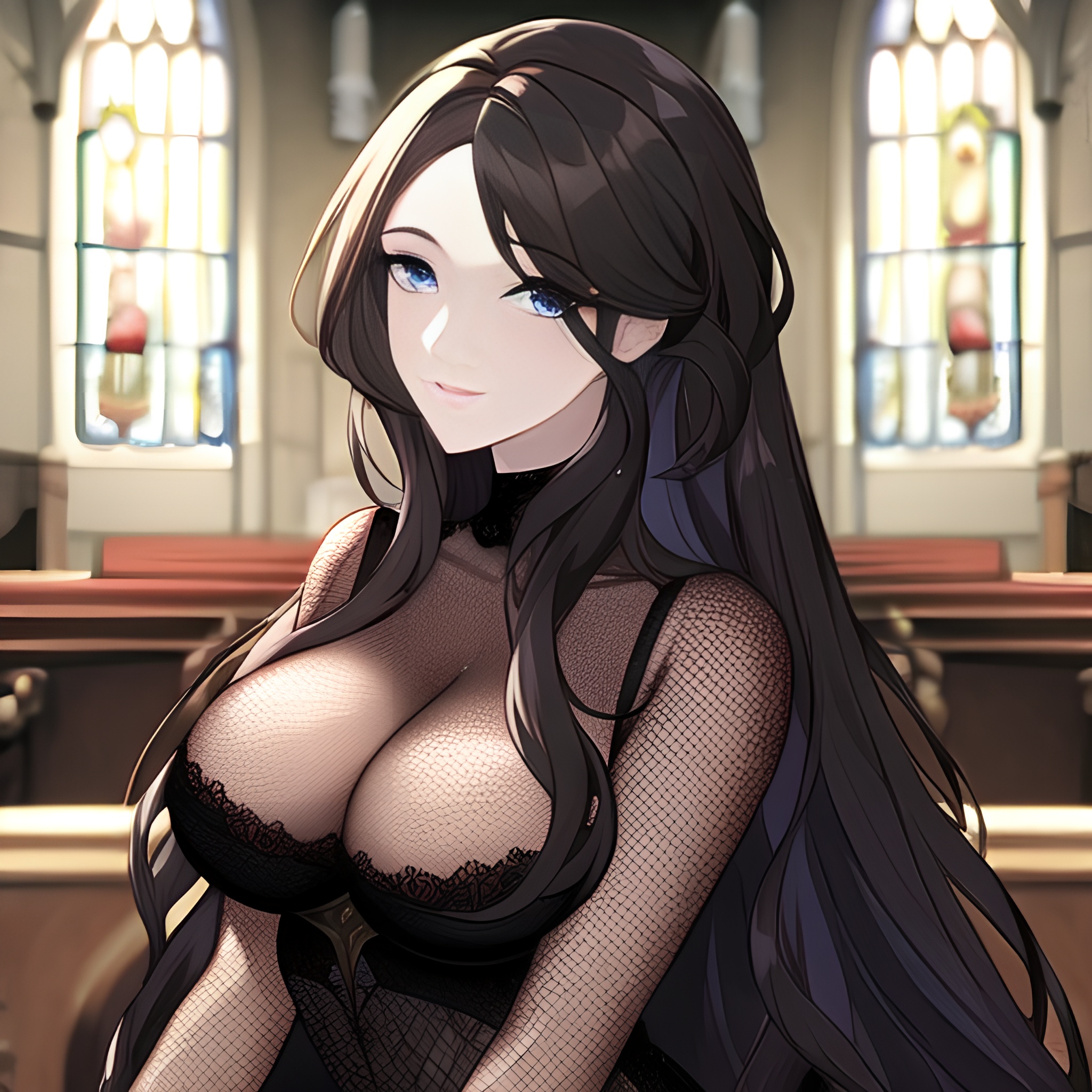 messy hair long hair woman brunette church fishnet