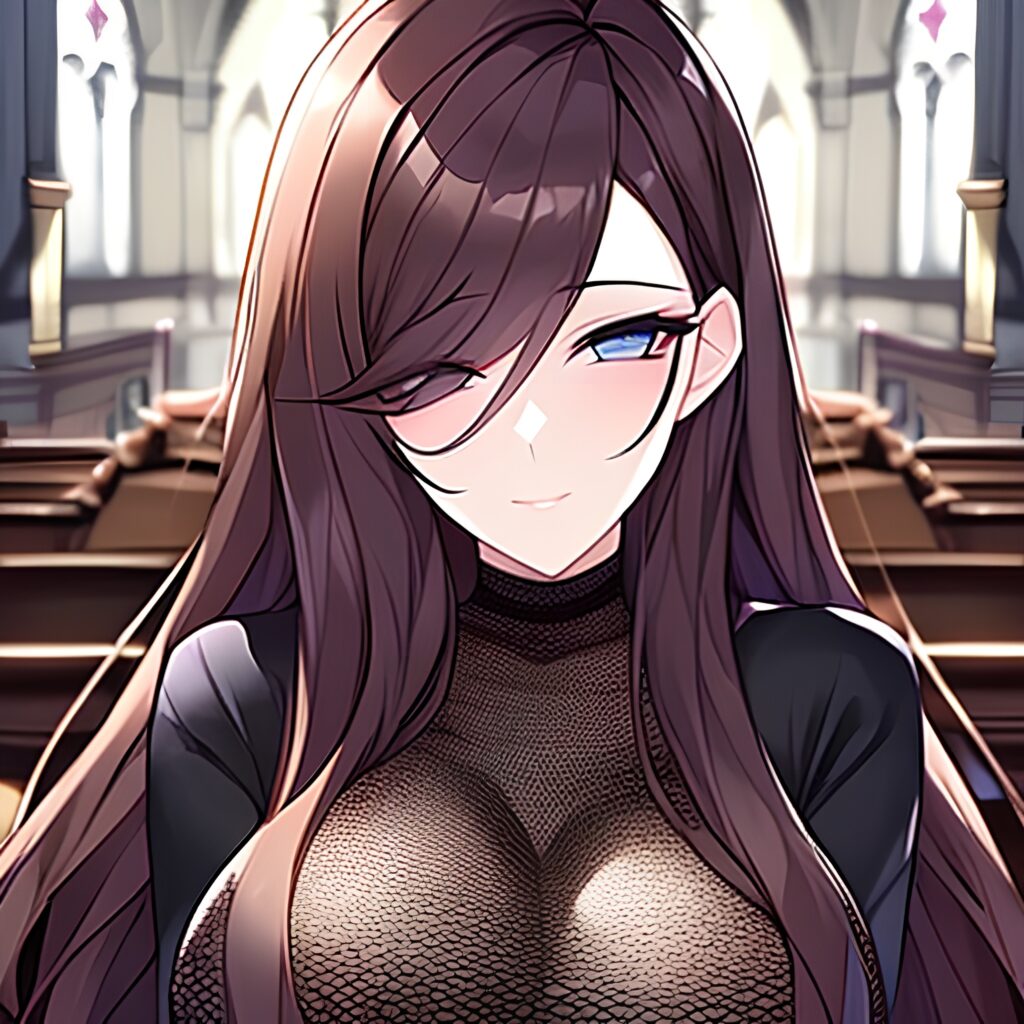messy hair long hair woman brunette church fishnet 