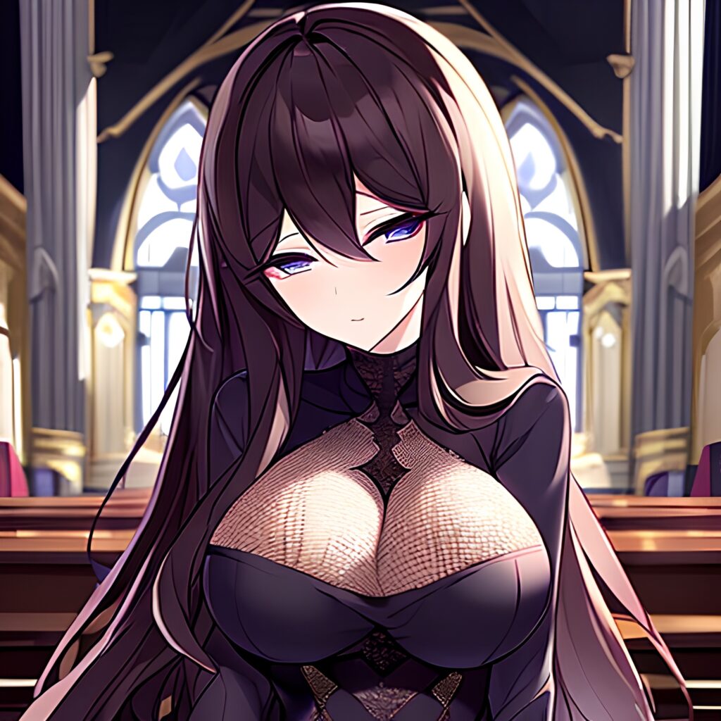 messy hair long hair woman brunette church fishnet 