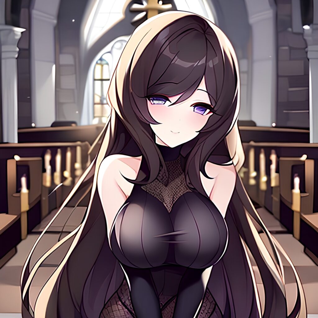 messy hair long hair woman church fishnet brunette