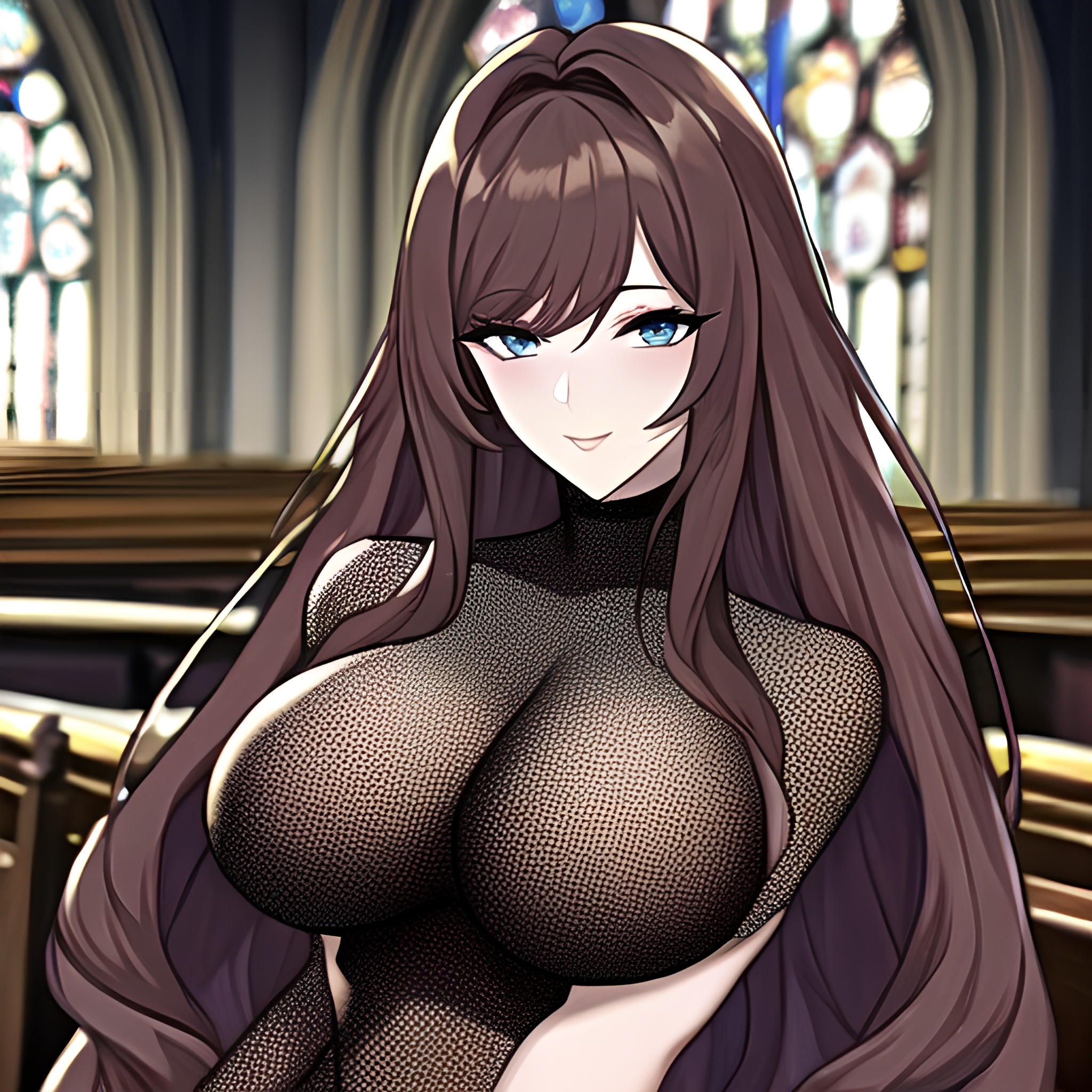 messy hair long hair woman church fishnet brunette 