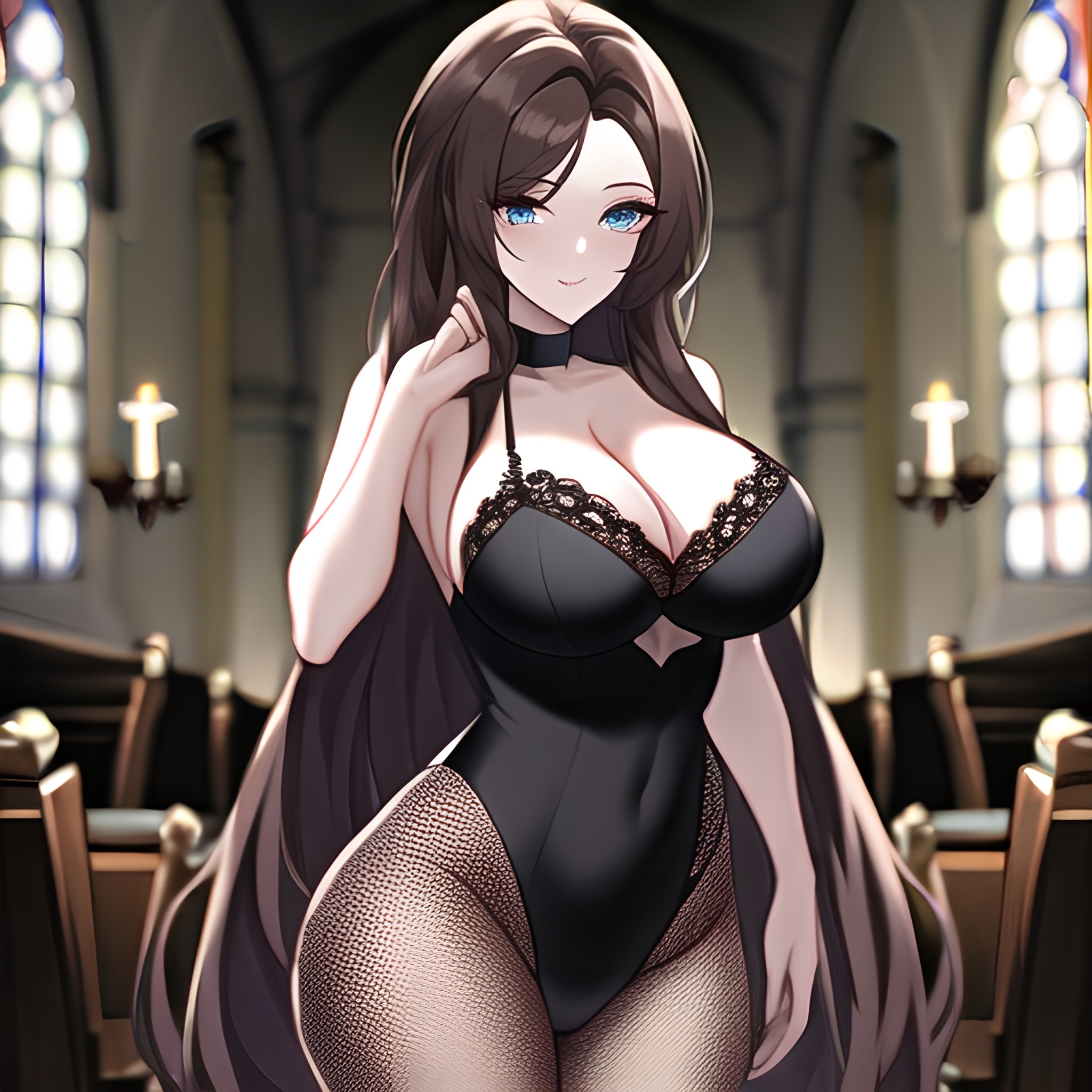 messy hair long hair woman church fishnet brunette