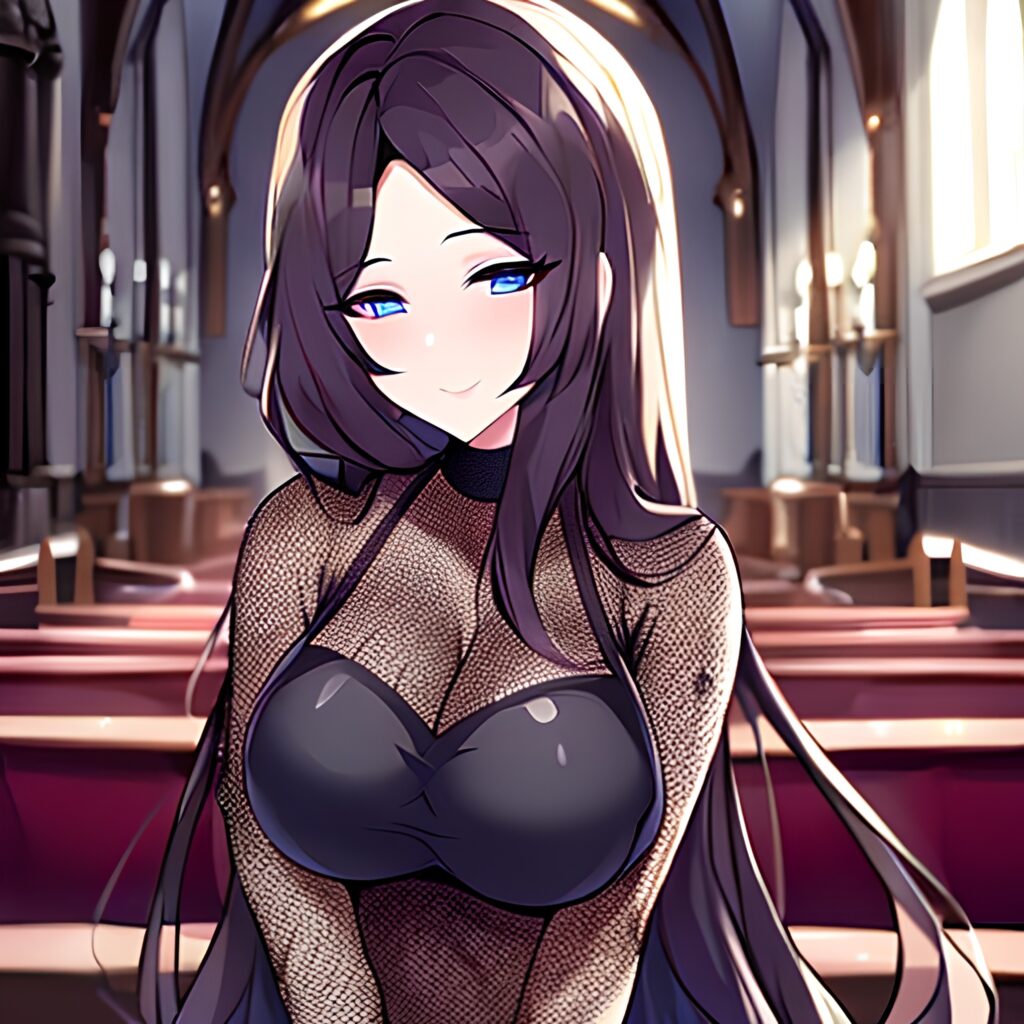 messy hair long hair woman fishnet brunette church 