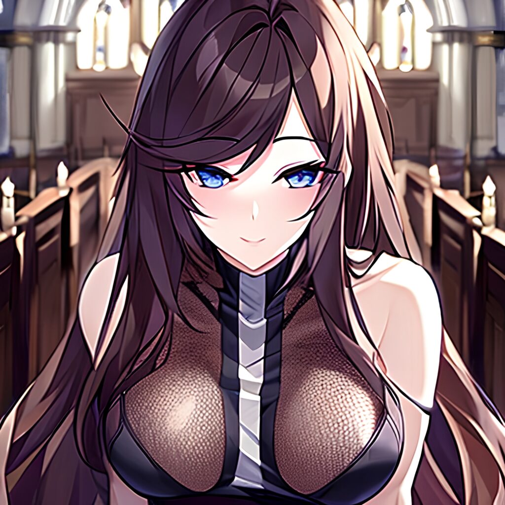 messy hair long hair woman fishnet church brunette
