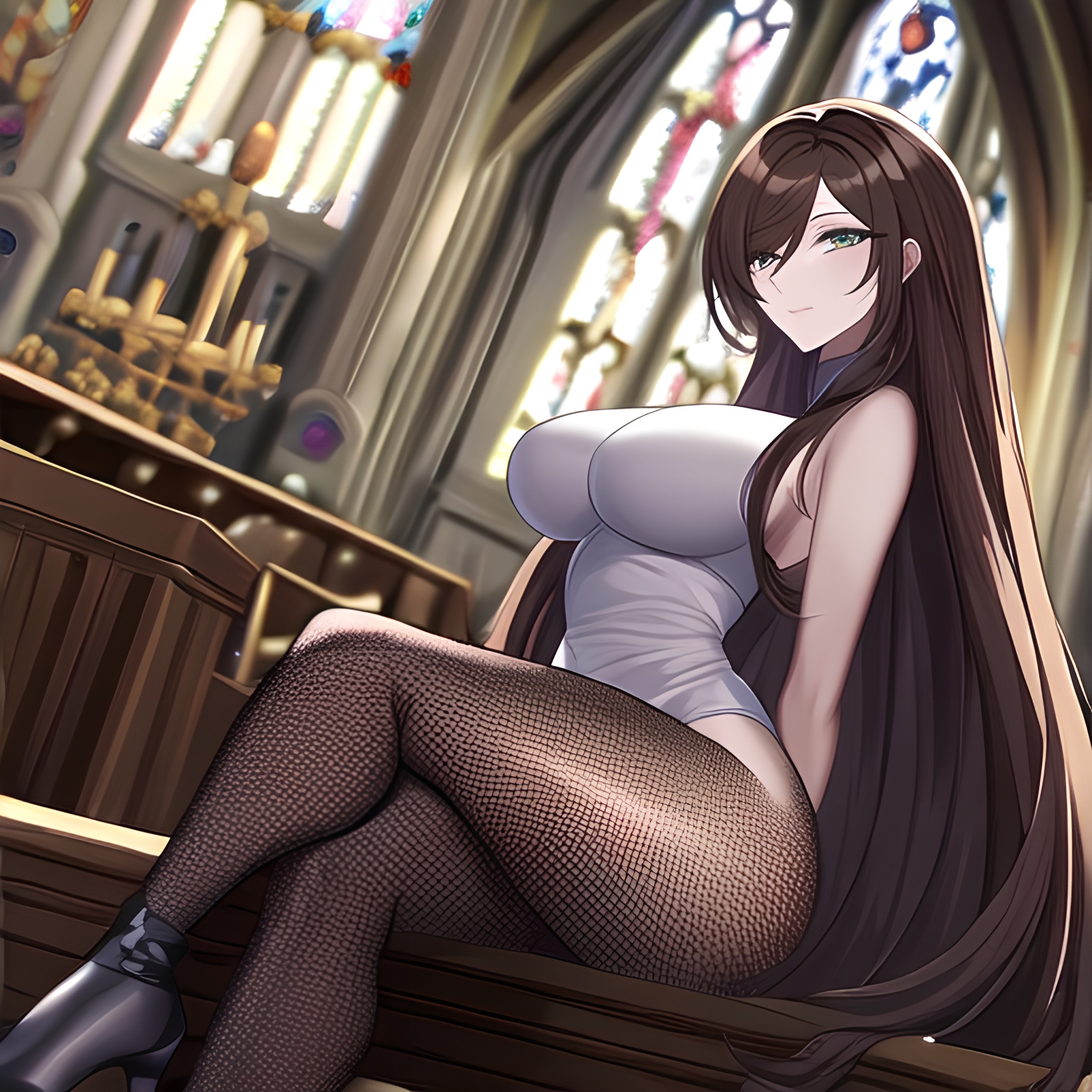 messy hair long hair woman fishnet church brunette 