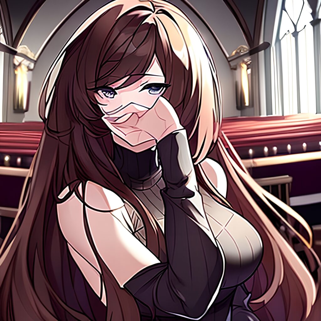 messy hair woman brunette church fishnet long hair