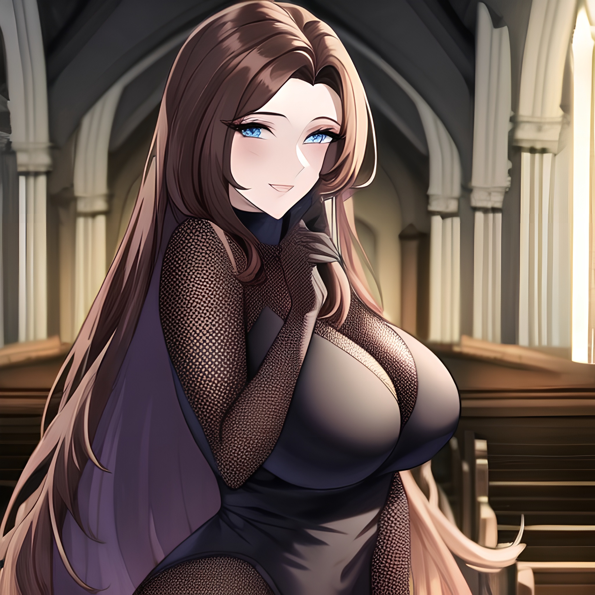 messy hair woman brunette church fishnet long hair 