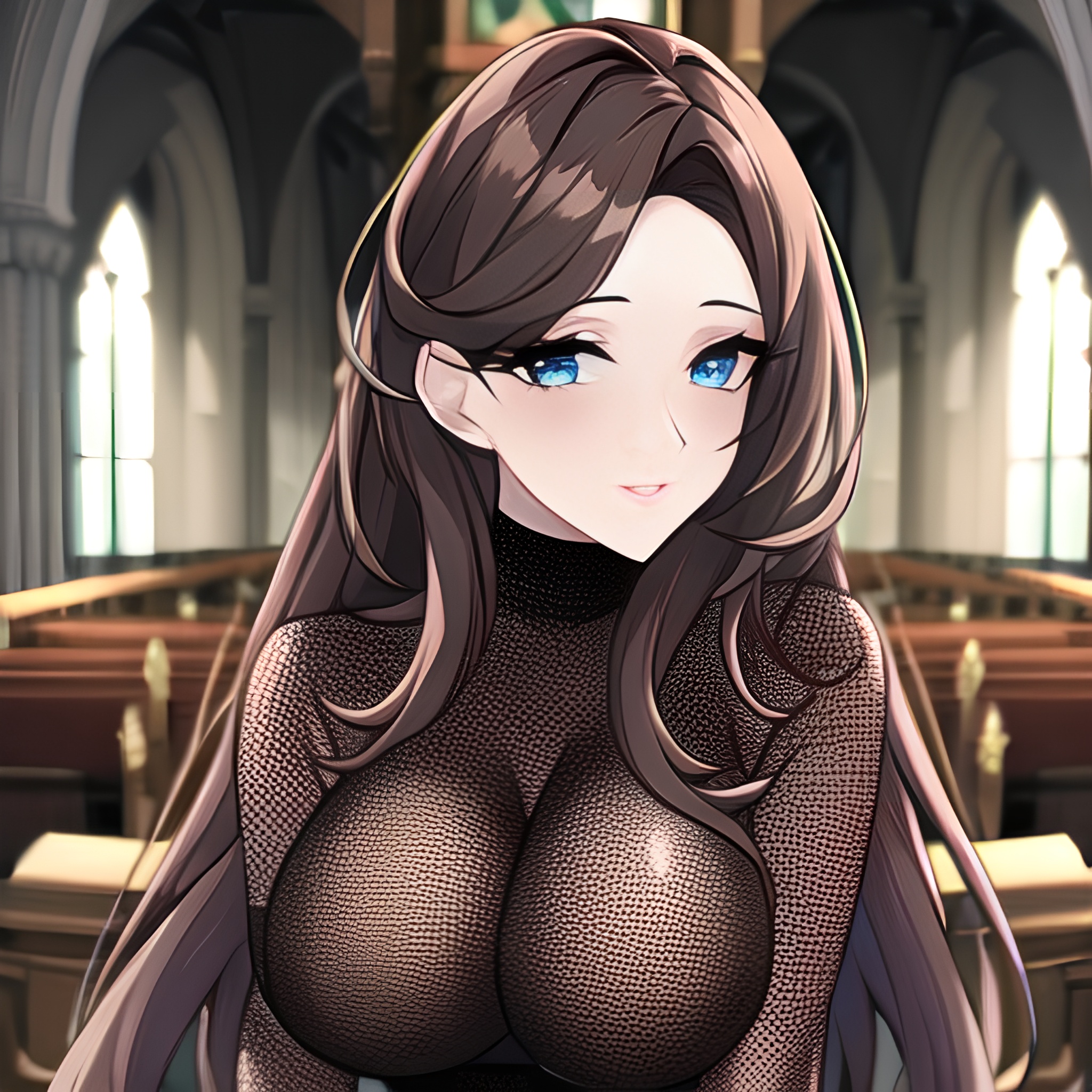 messy hair woman brunette church long hair fishnet 