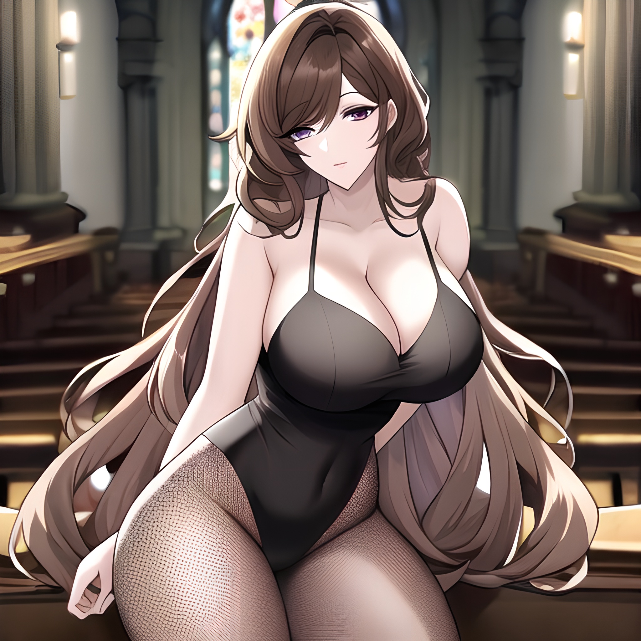 messy hair woman brunette fishnet long hair church