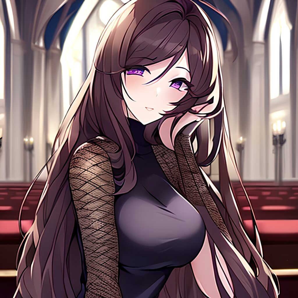 messy hair woman brunette fishnet long hair church 