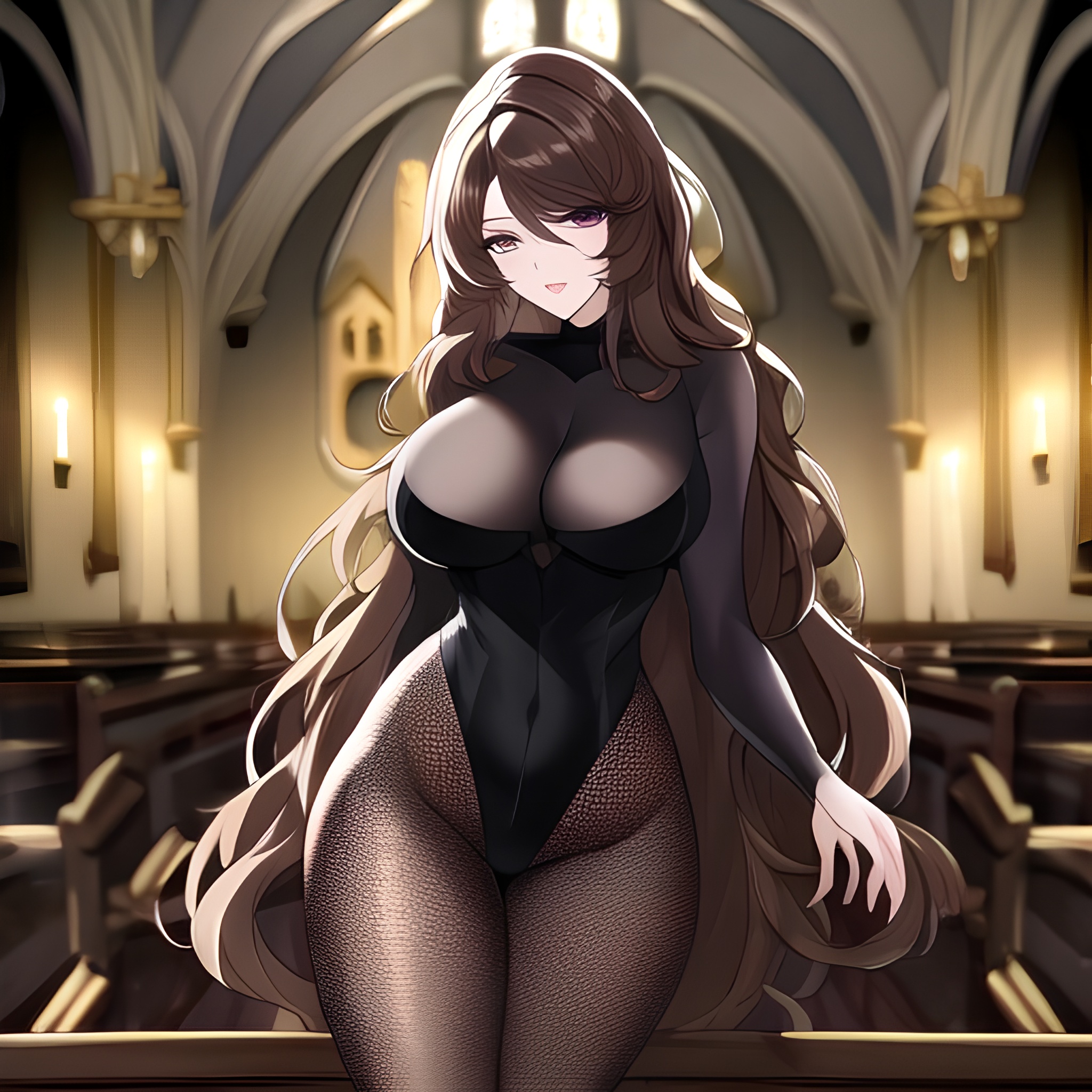 messy hair woman brunette fishnet long hair church 