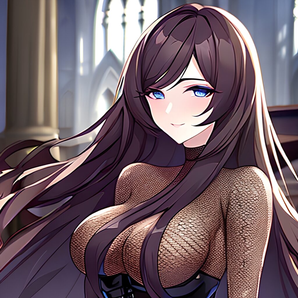 messy hair woman brunette long hair church fishnet