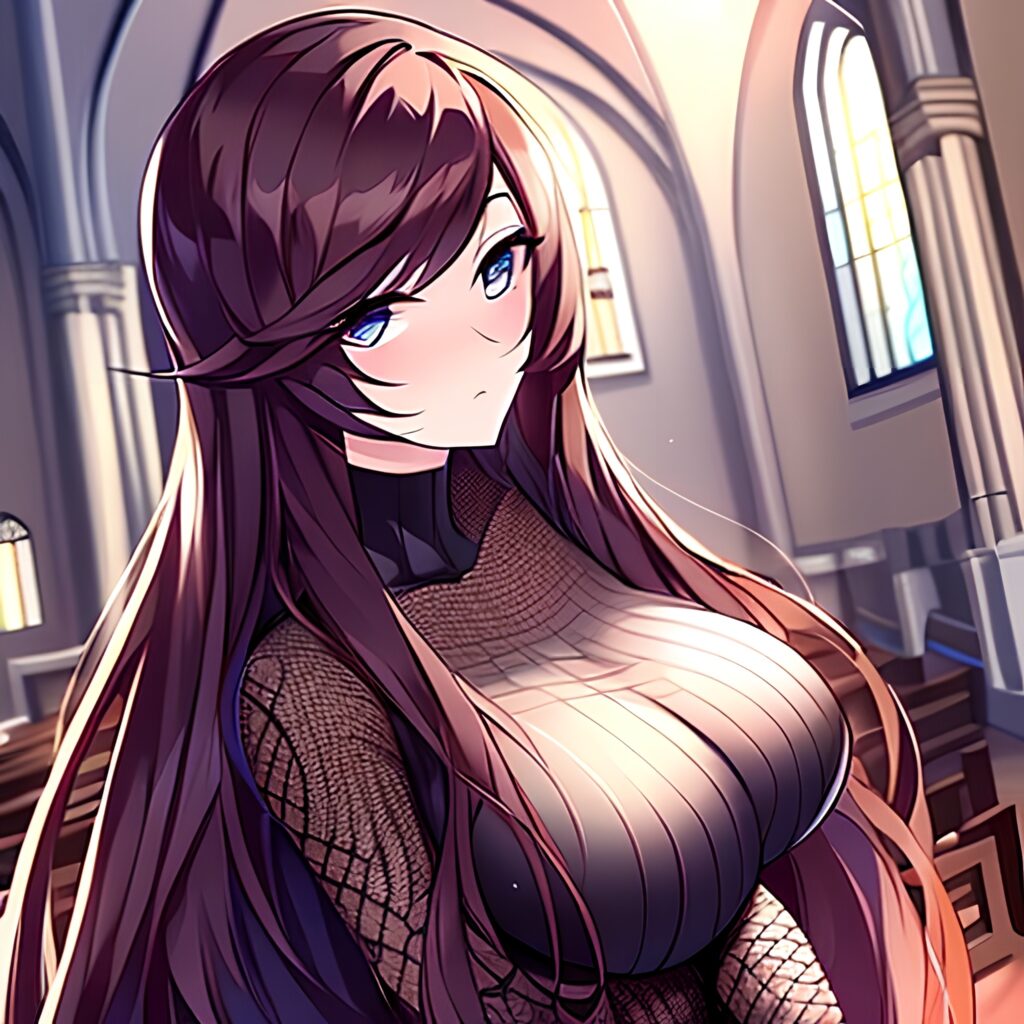 messy hair woman brunette long hair church fishnet