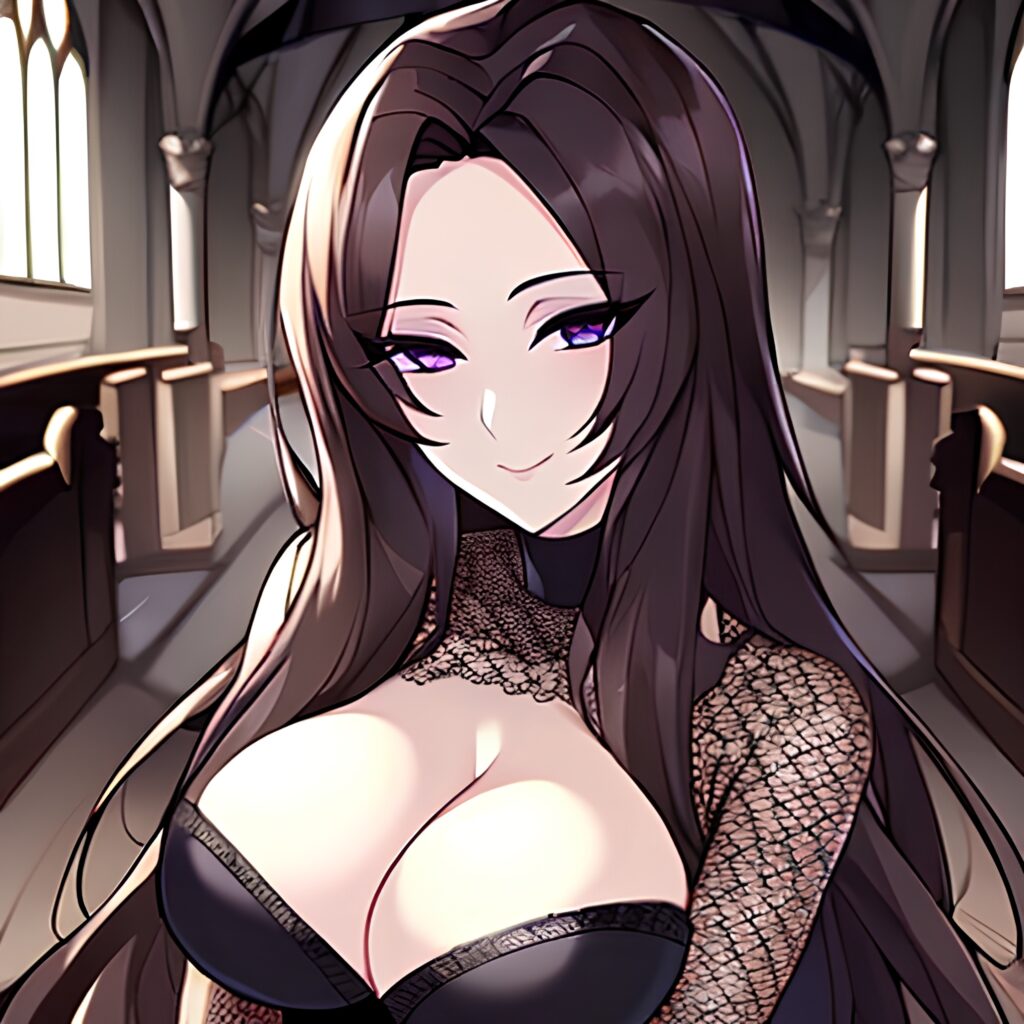 messy hair woman brunette long hair church fishnet 