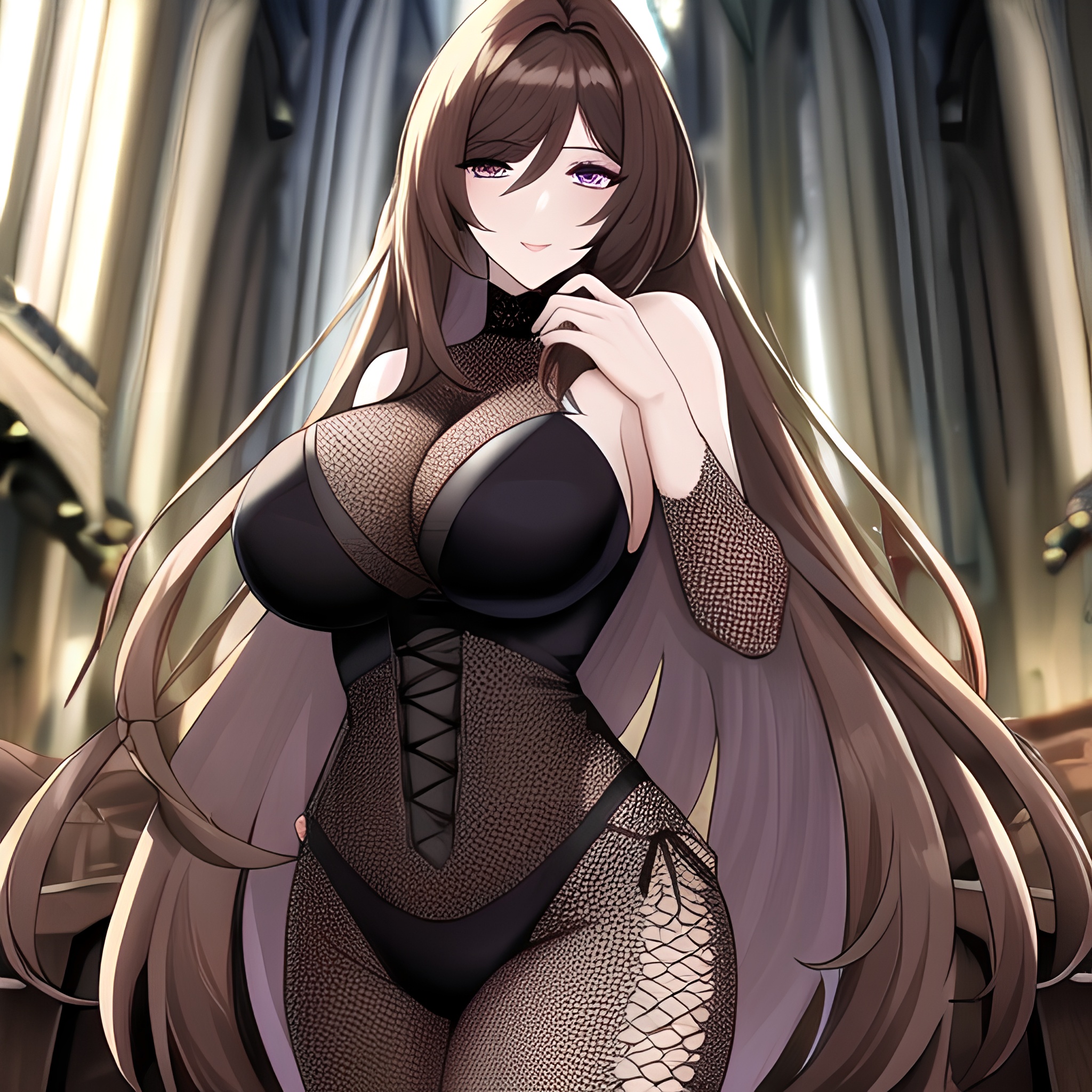 messy hair woman brunette long hair church fishnet 