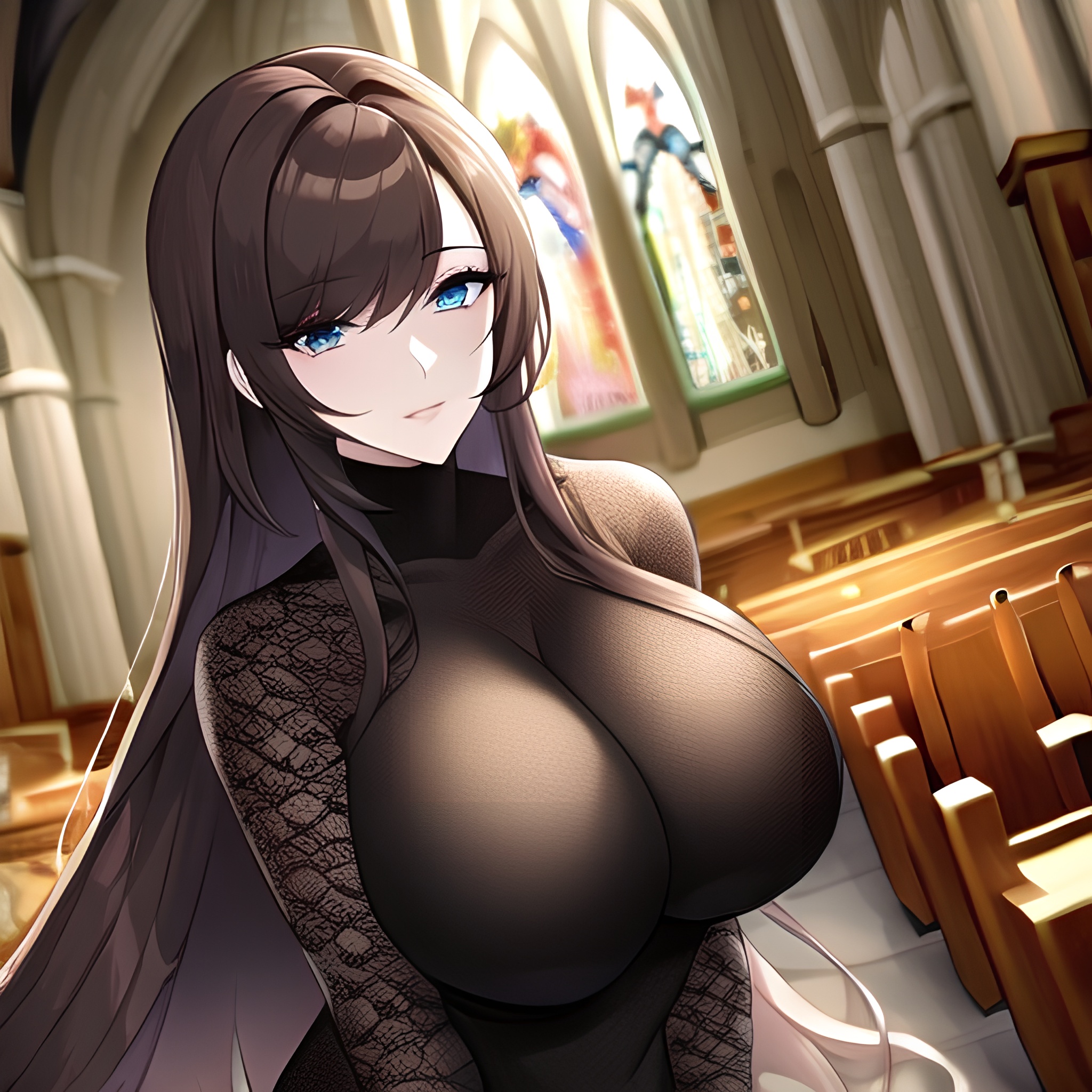 messy hair woman brunette long hair church fishnet 