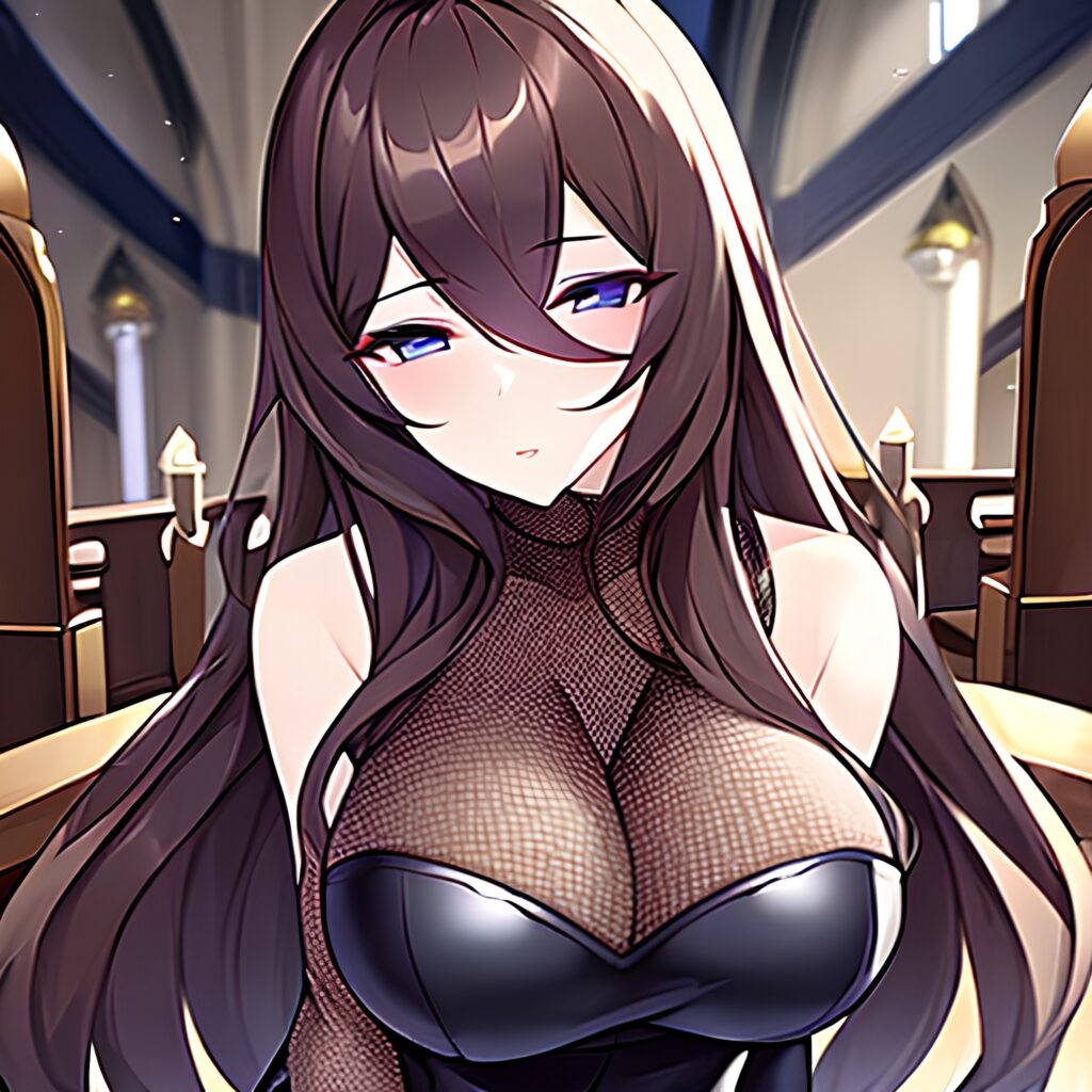 messy hair woman brunette long hair church fishnet