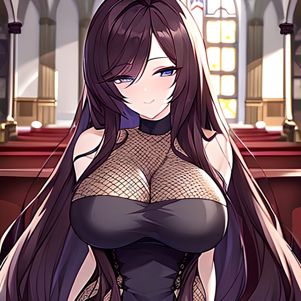 messy hair woman church brunette fishnet long hair