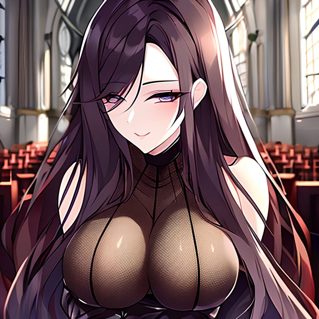 messy hair woman church brunette fishnet long hair 
