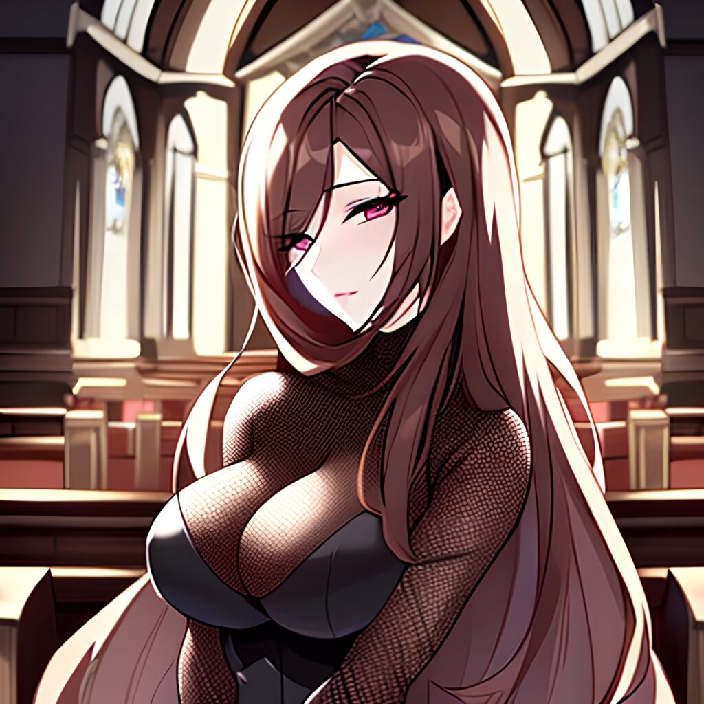 messy hair woman church brunette fishnet long hair