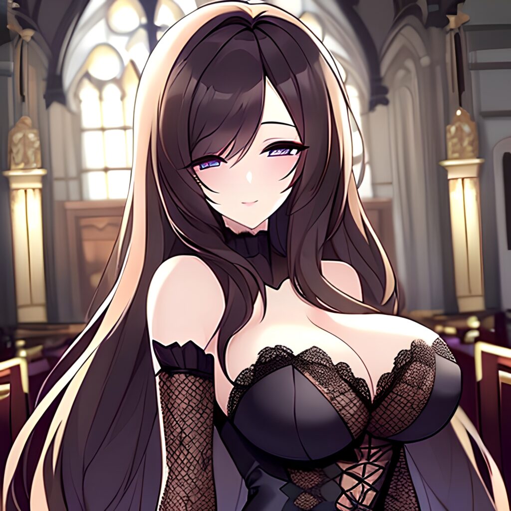 messy hair woman church brunette long hair fishnet