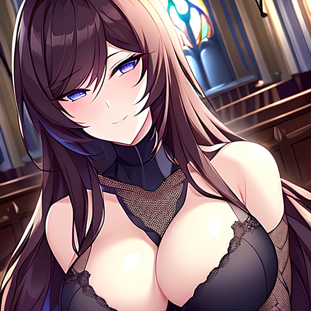 messy hair woman church brunette long hair fishnet
