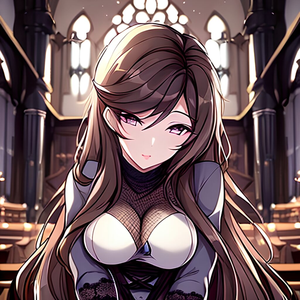 messy hair woman church fishnet long hair brunette 