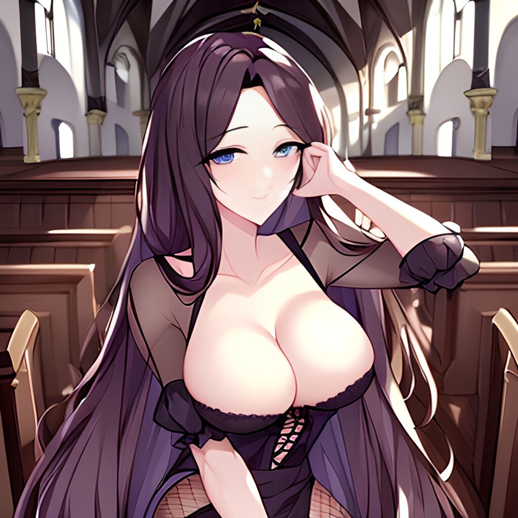 messy hair woman church fishnet long hair brunette