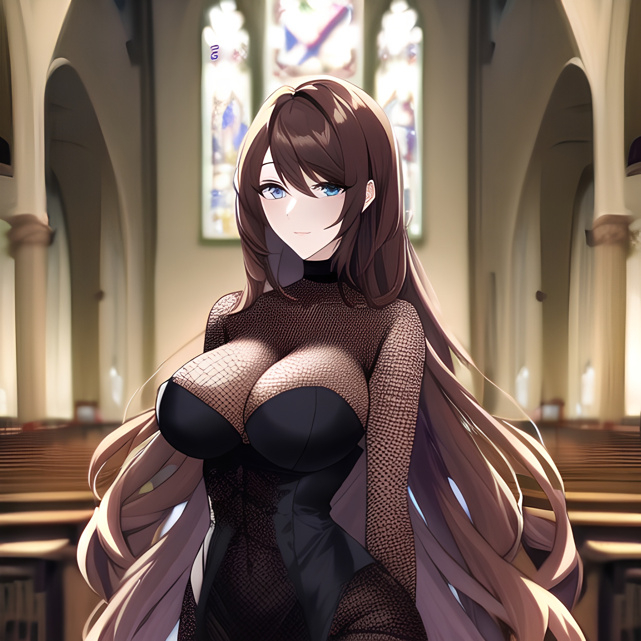 messy hair woman church fishnet long hair brunette