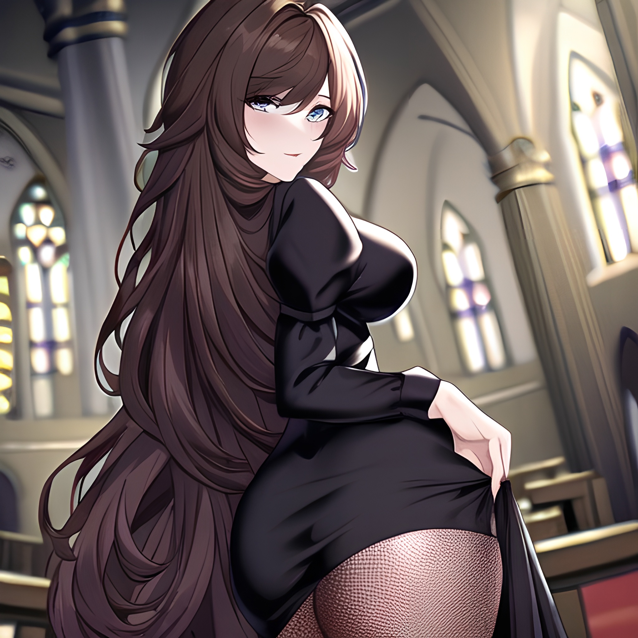 messy hair woman church fishnet long hair brunette 