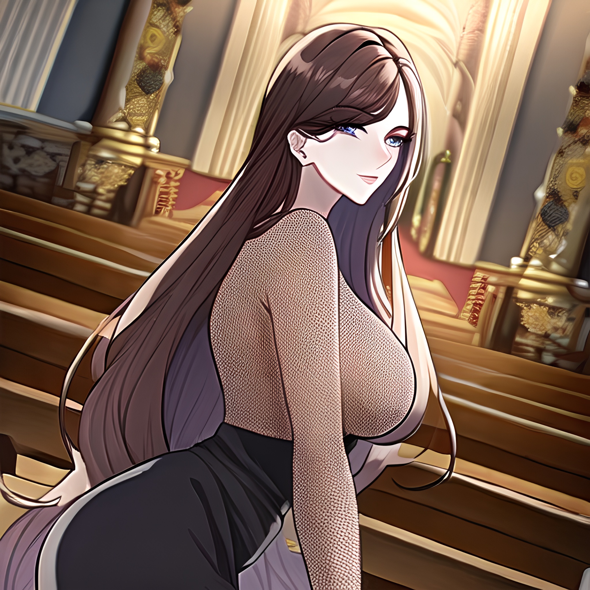 messy hair woman church fishnet long hair brunette