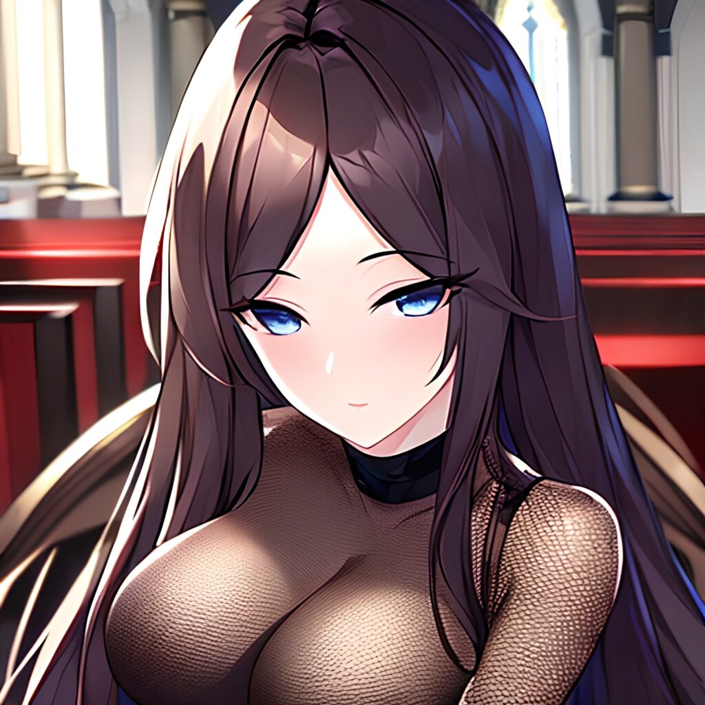 messy hair woman church long hair brunette fishnet 