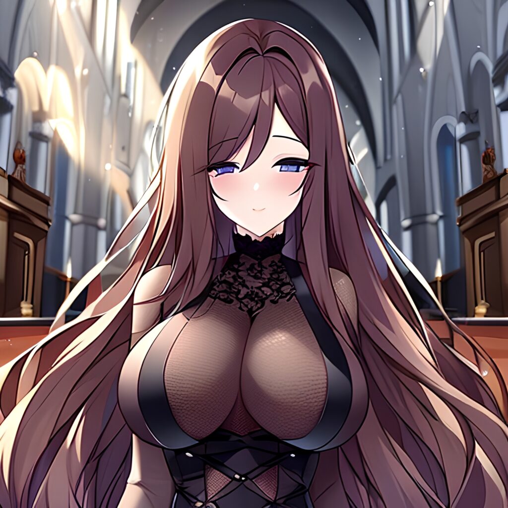 messy hair woman church long hair brunette fishnet