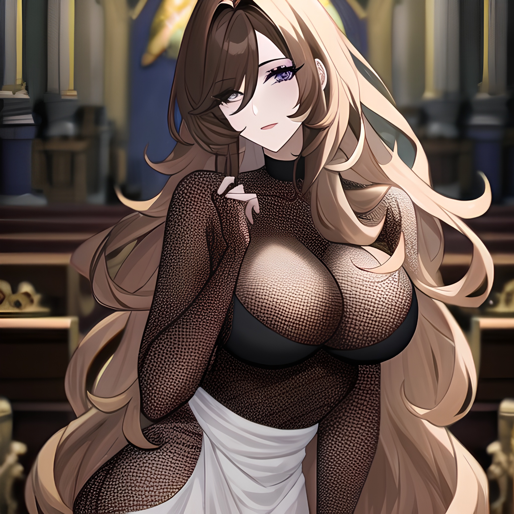 messy hair woman church long hair brunette fishnet 