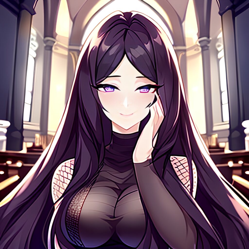 messy hair woman church long hair brunette fishnet