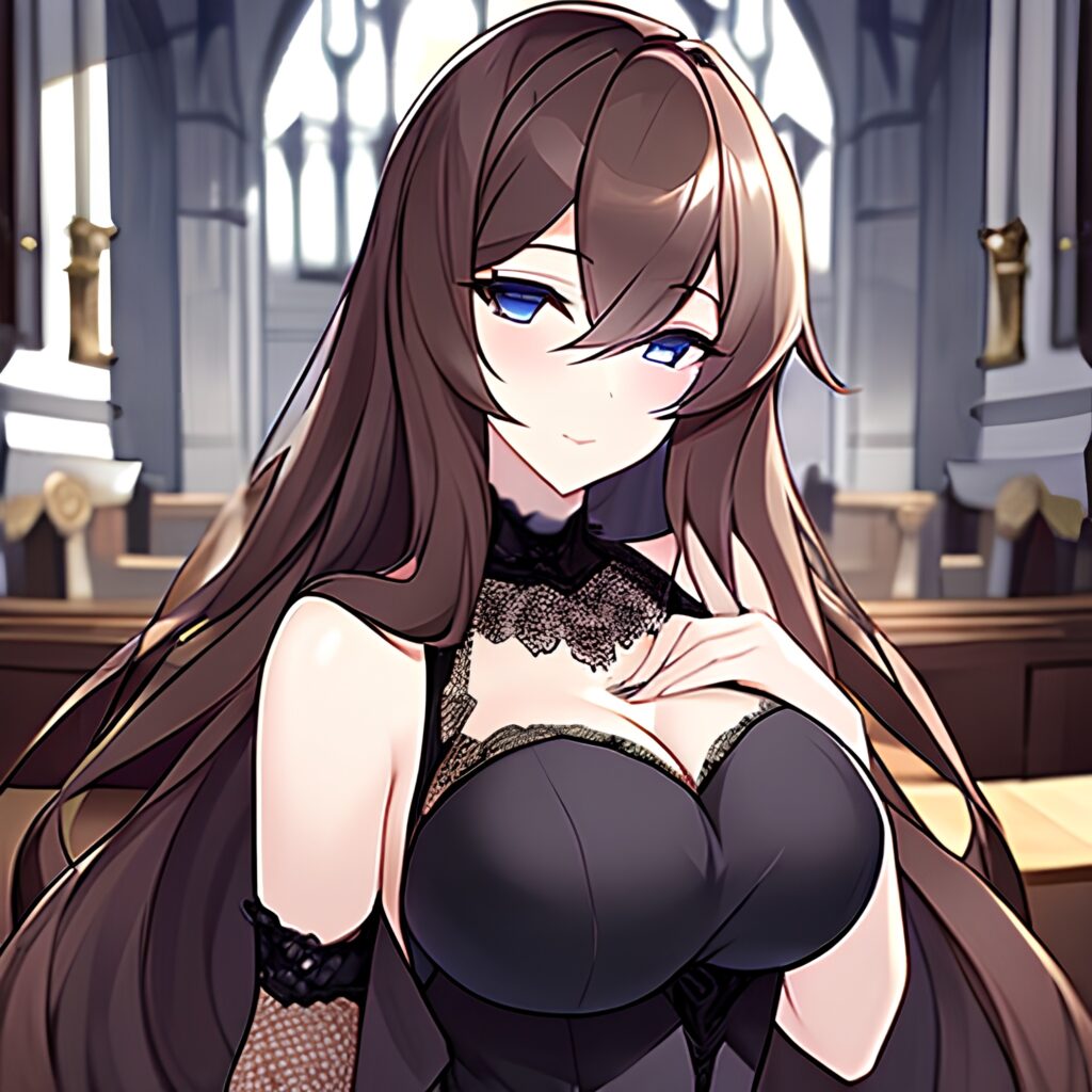 messy hair woman church long hair brunette fishnet