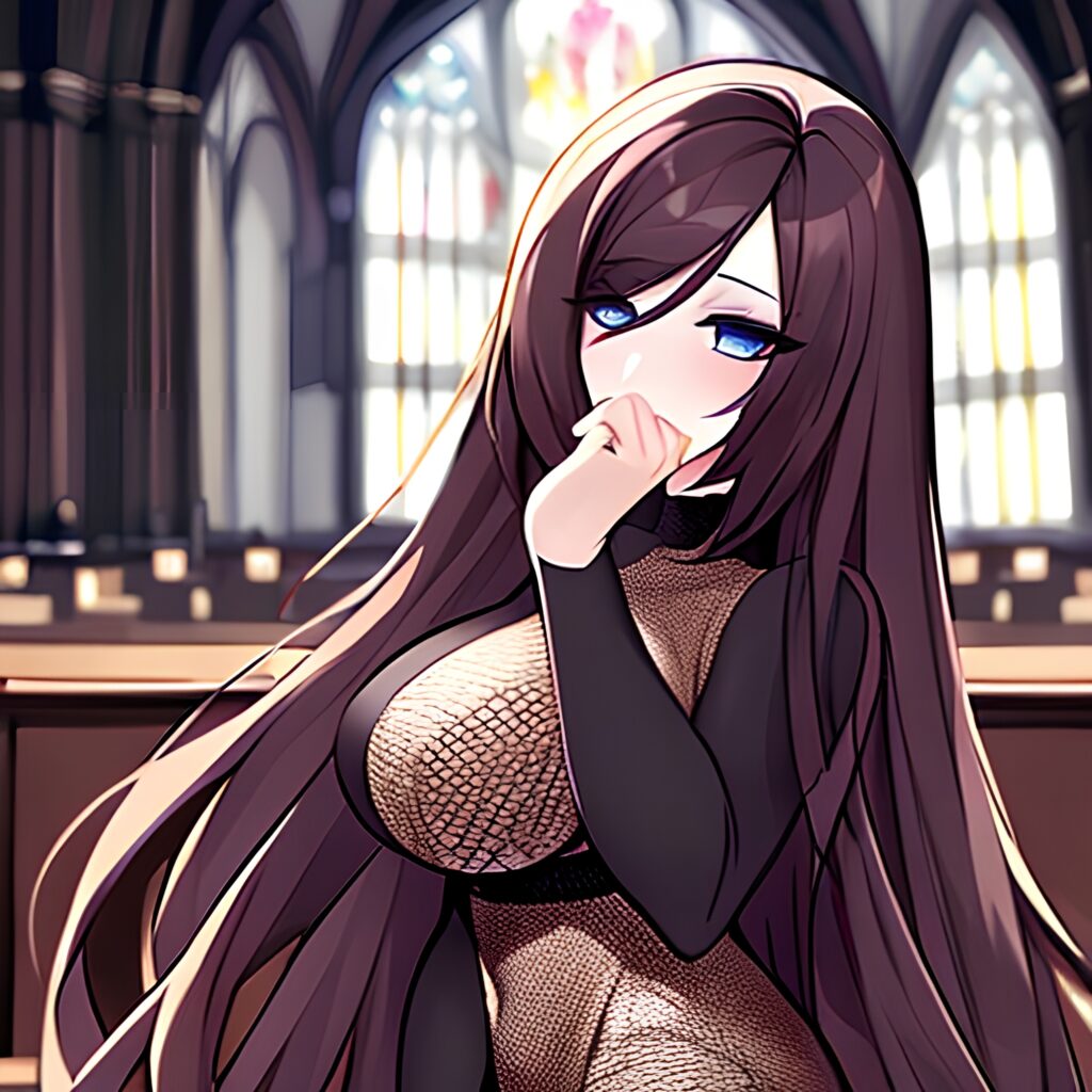 messy hair woman church long hair fishnet brunette