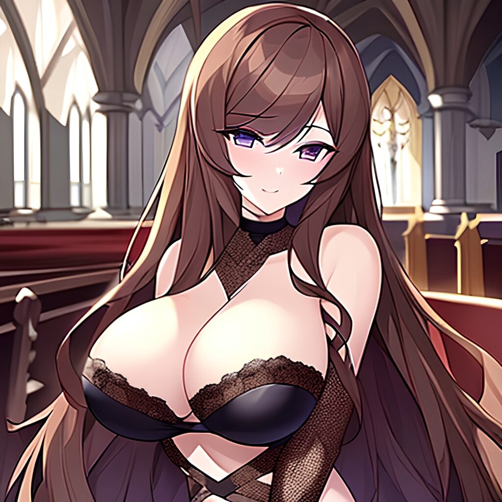 messy hair woman church long hair fishnet brunette