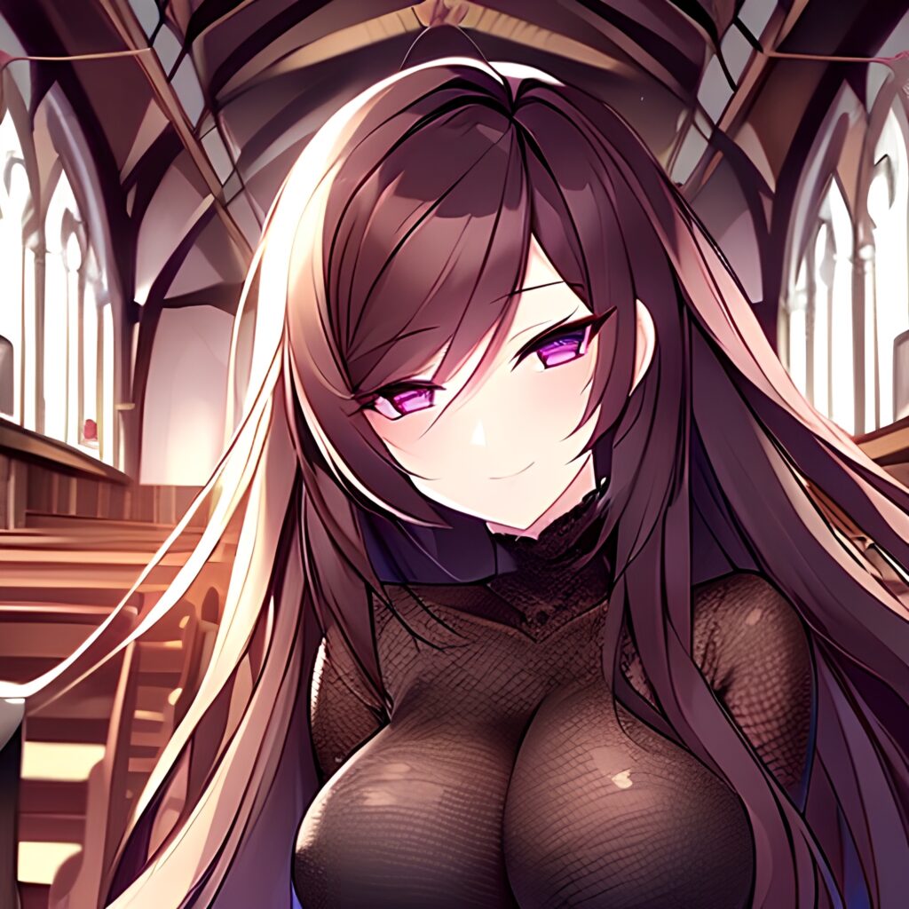 messy hair woman church long hair fishnet brunette
