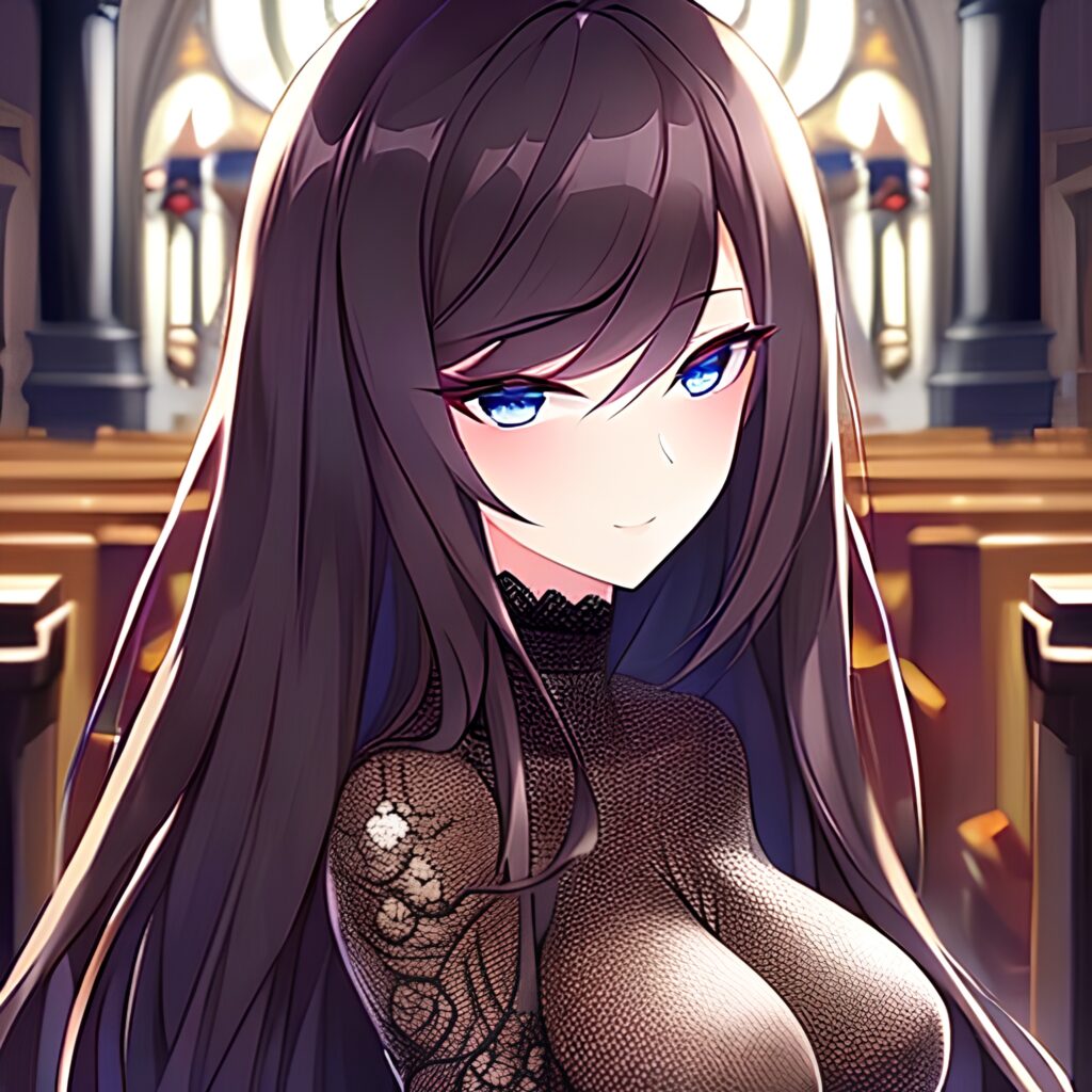 messy hair woman church long hair fishnet brunette 