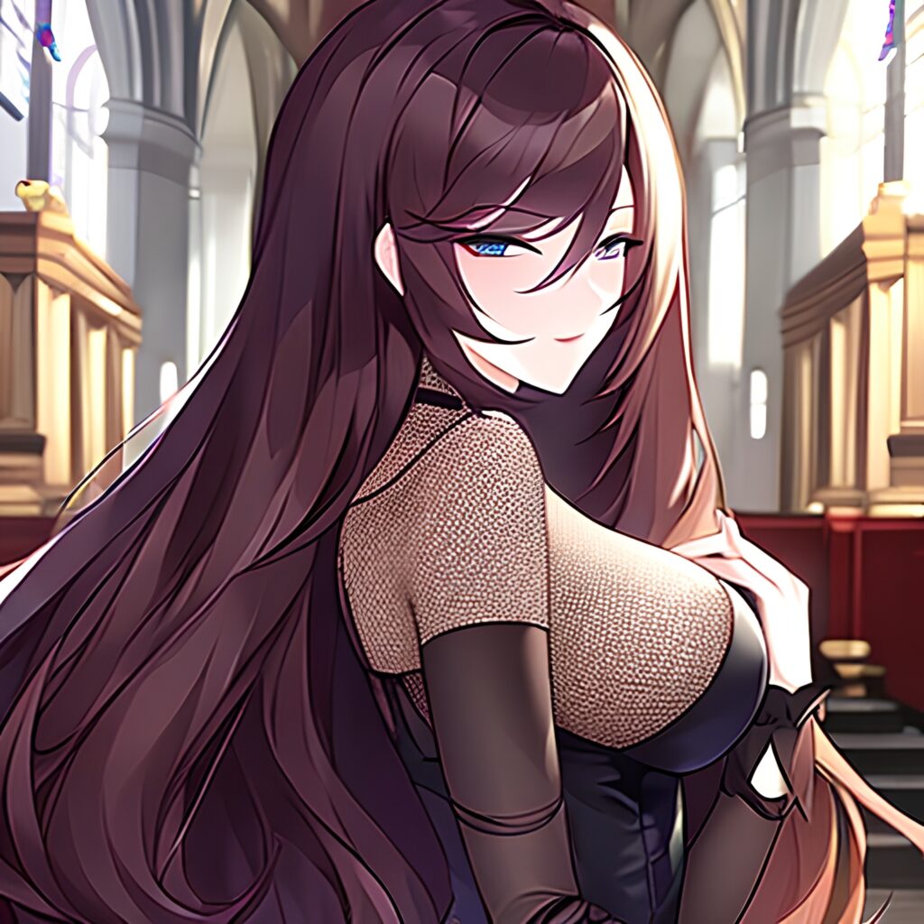 messy hair woman church long hair fishnet brunette 