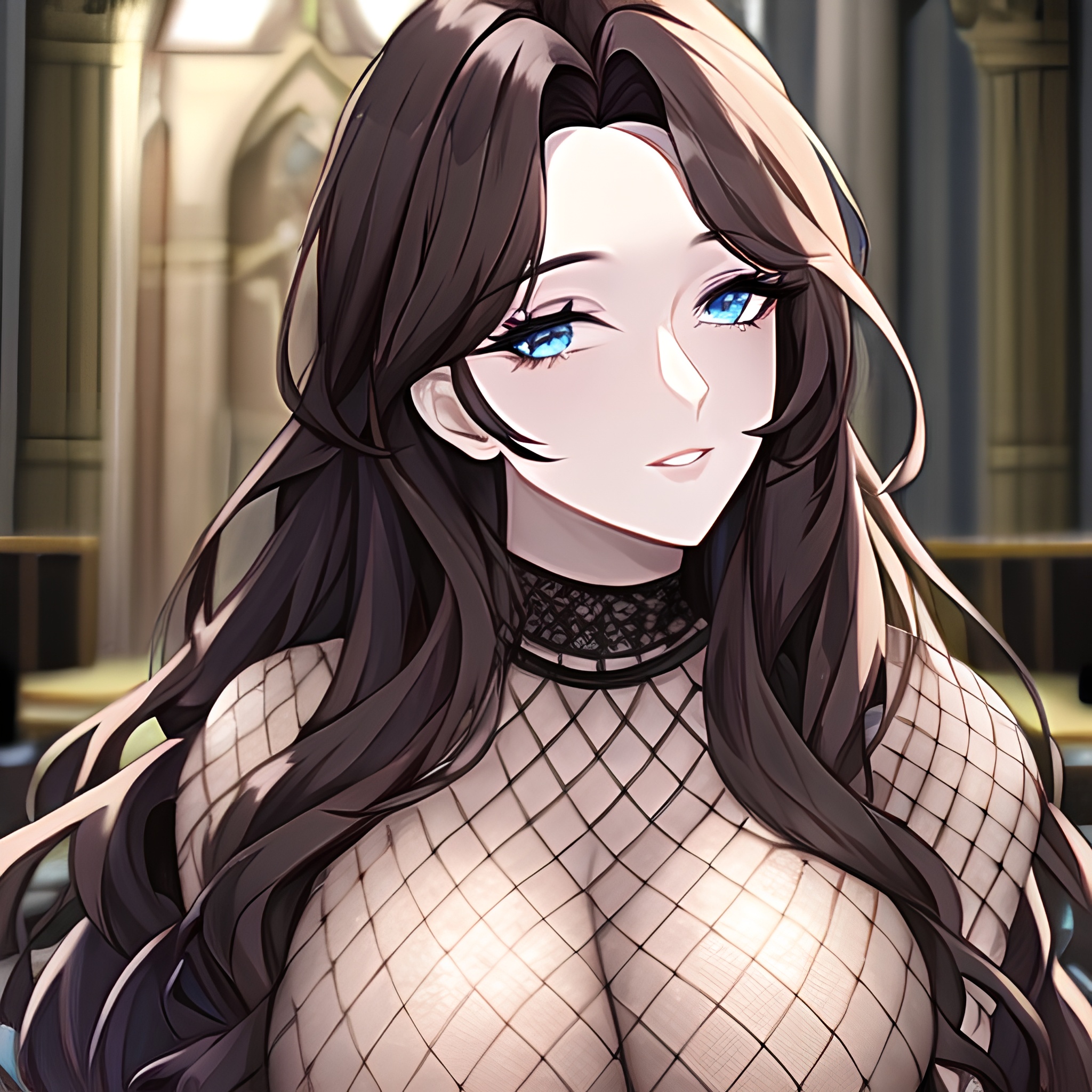 messy hair woman church long hair fishnet brunette 