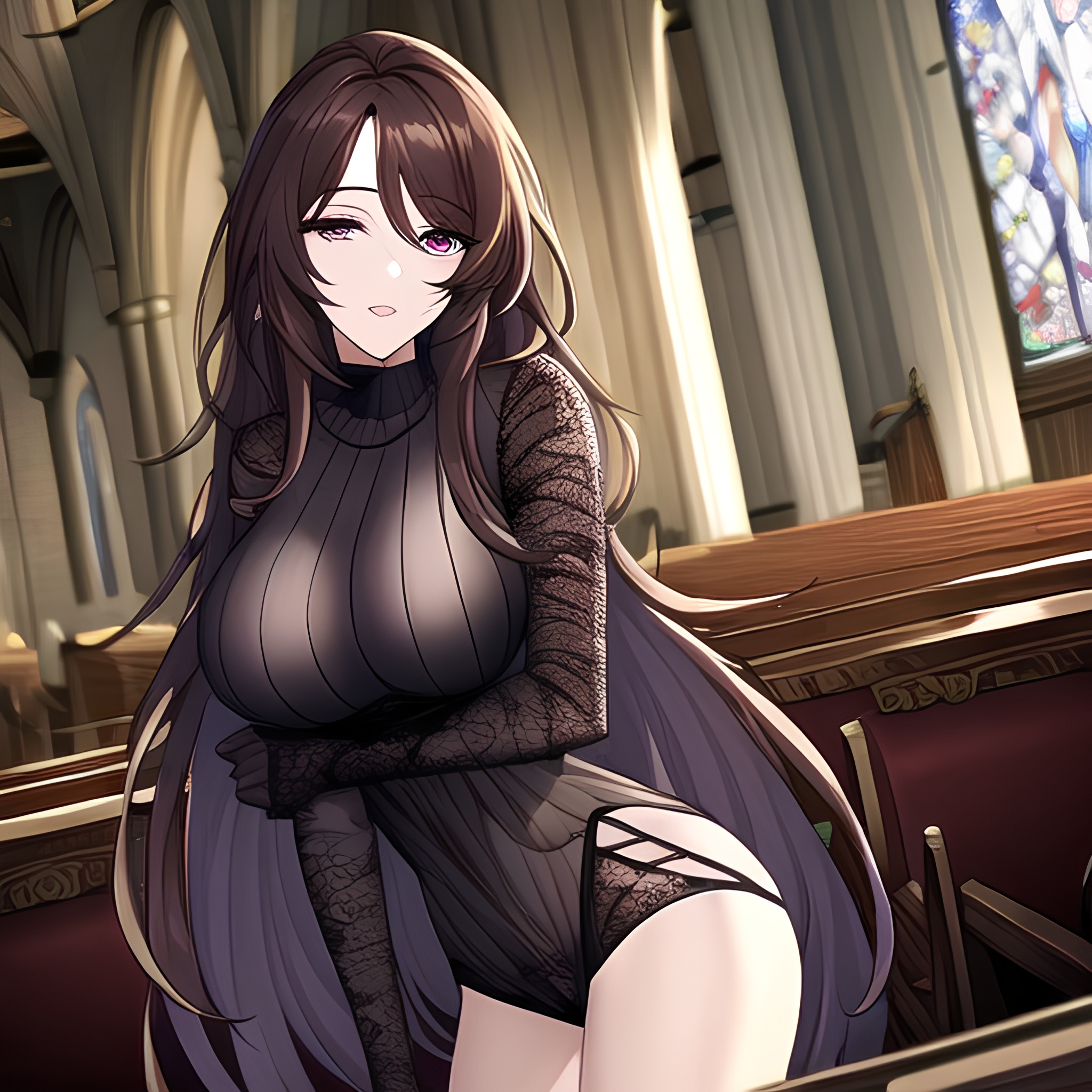 messy hair woman fishnet brunette long hair church