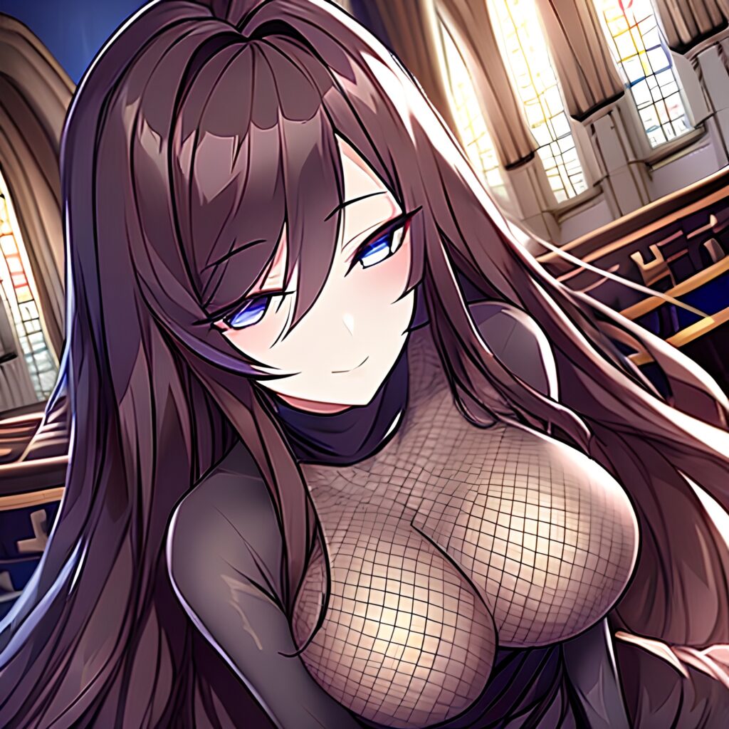 messy hair woman fishnet church long hair brunette 